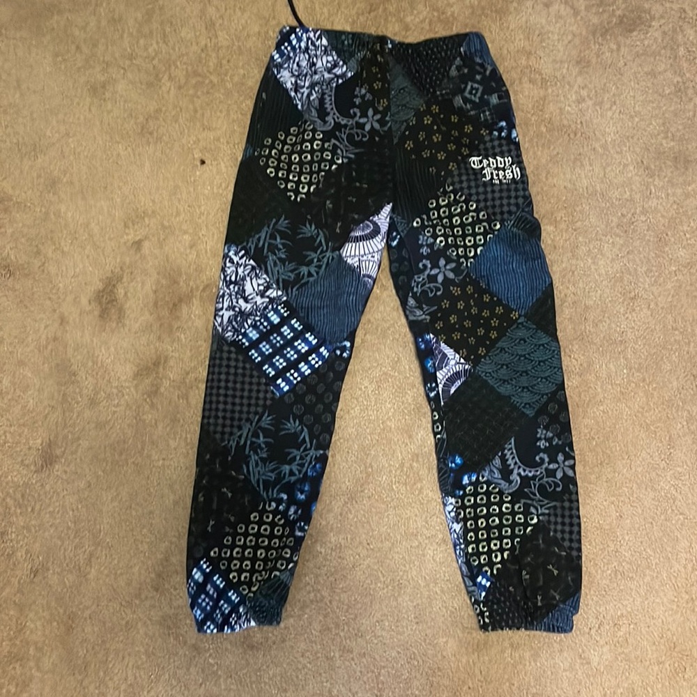 Teddy Fresh patterned navy blue patchwork sweatpants size small
